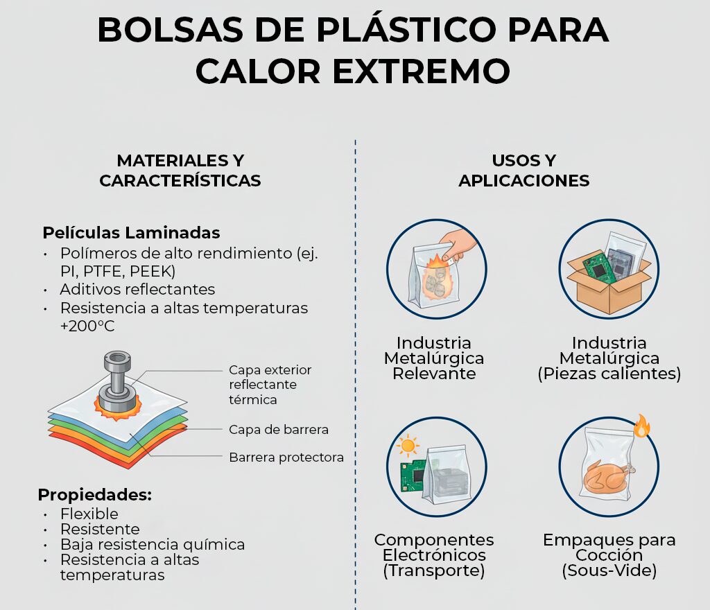 Infografía de bolsas de plástico para calor extremo: materiales, características y aplicaciones