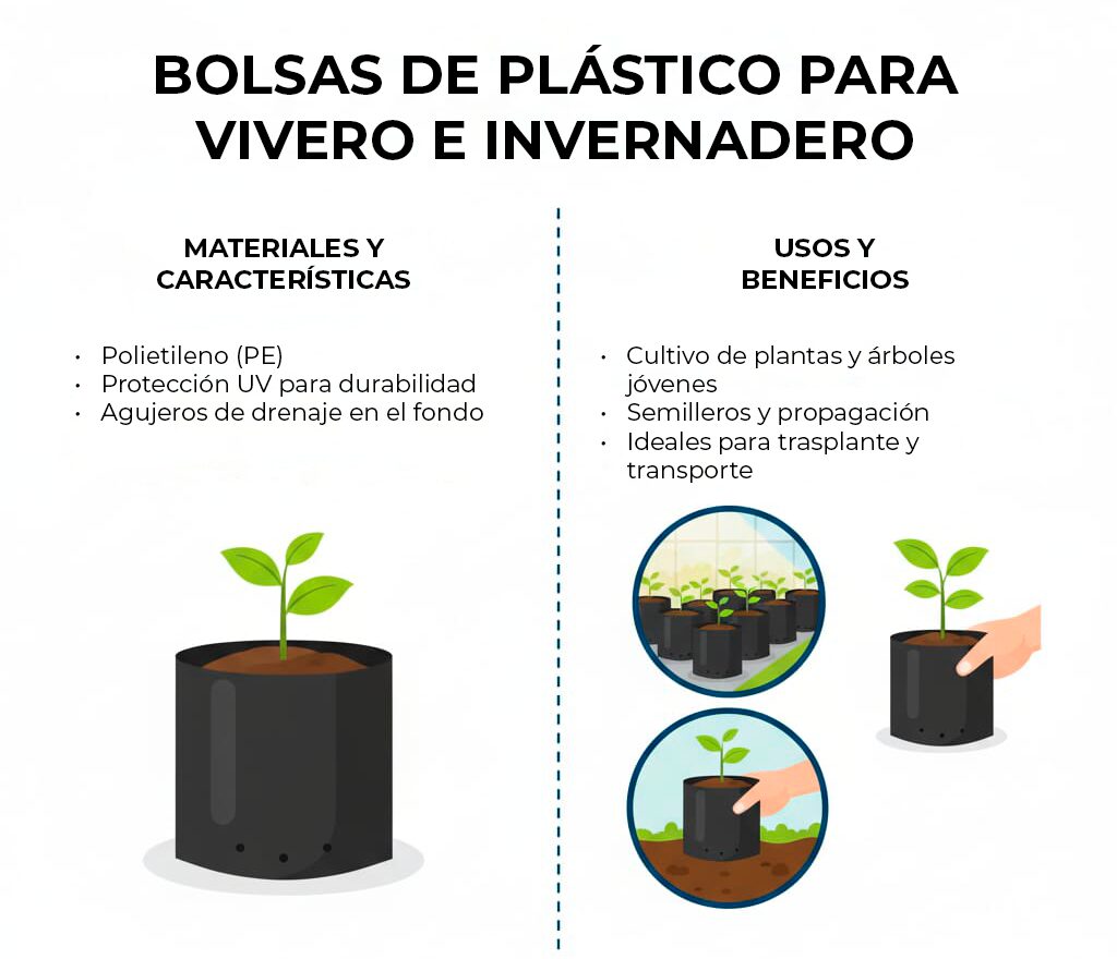 Infografía de bolsas para vivero e invernadero: materiales, características, usos y beneficios