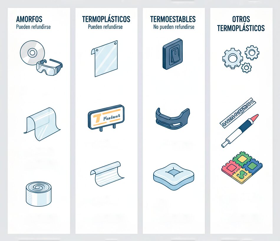 Infografía de tipos de plástico: amorfos, termoplásticos, termoestables y otros termoplásticos