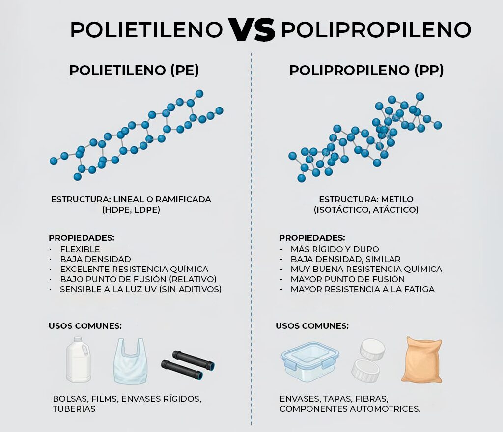 Comparativo de polietileno y polipropileno: estructura, propiedades y usos comunes