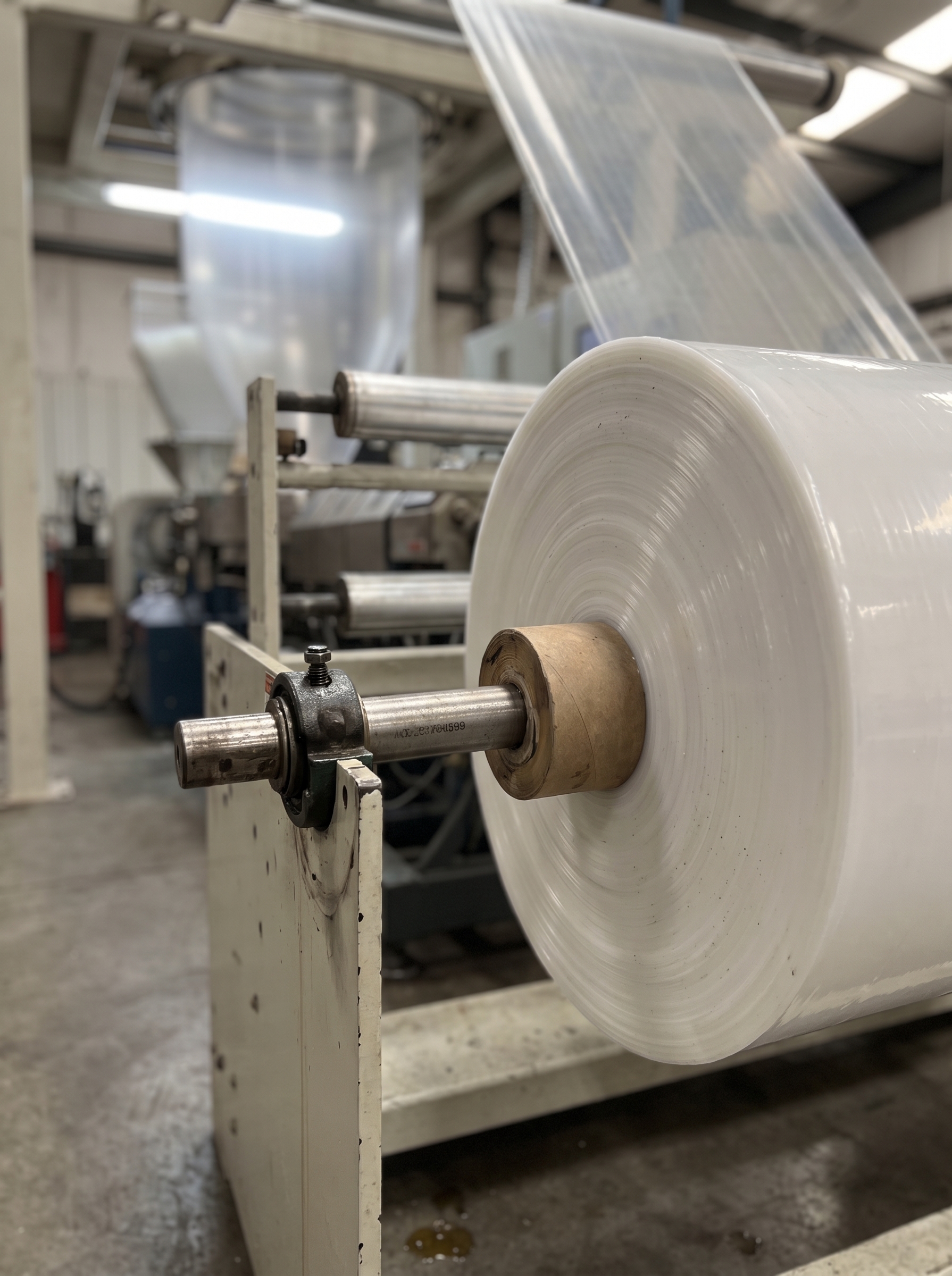 Maquina industrial fabricando rollo de polietileno en planta Plastiregio