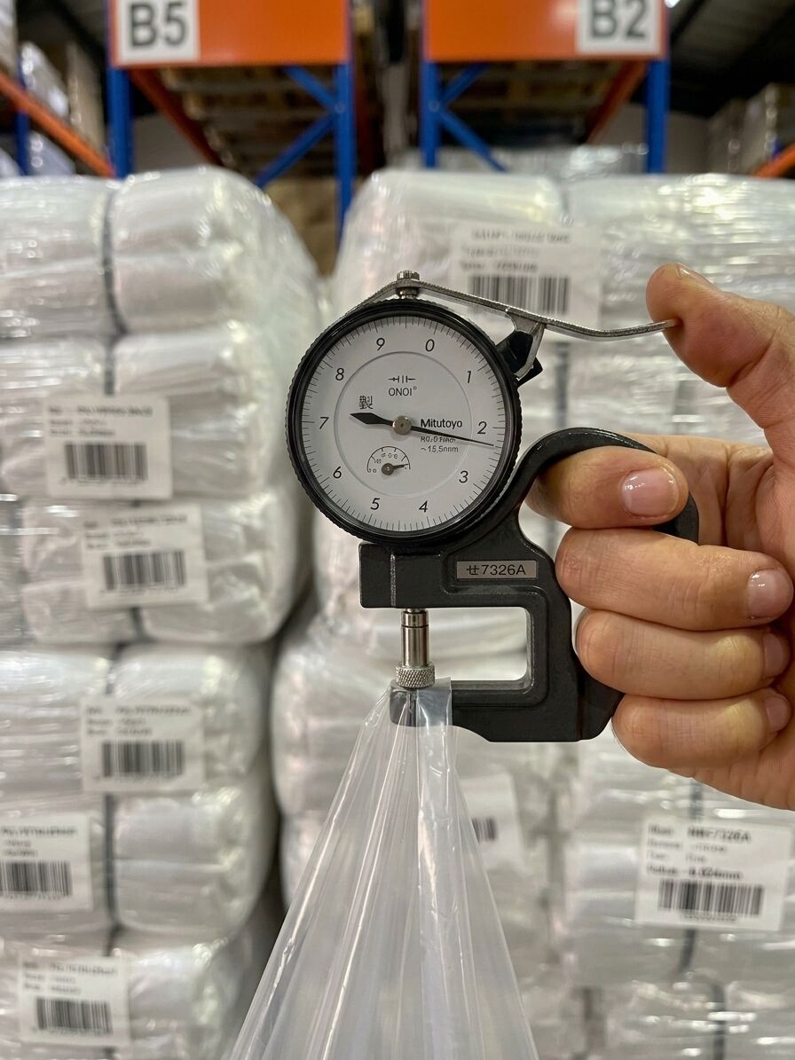 Micrómetro midiendo el calibre de una bolsa de polietileno frente a paquetes de bolsas