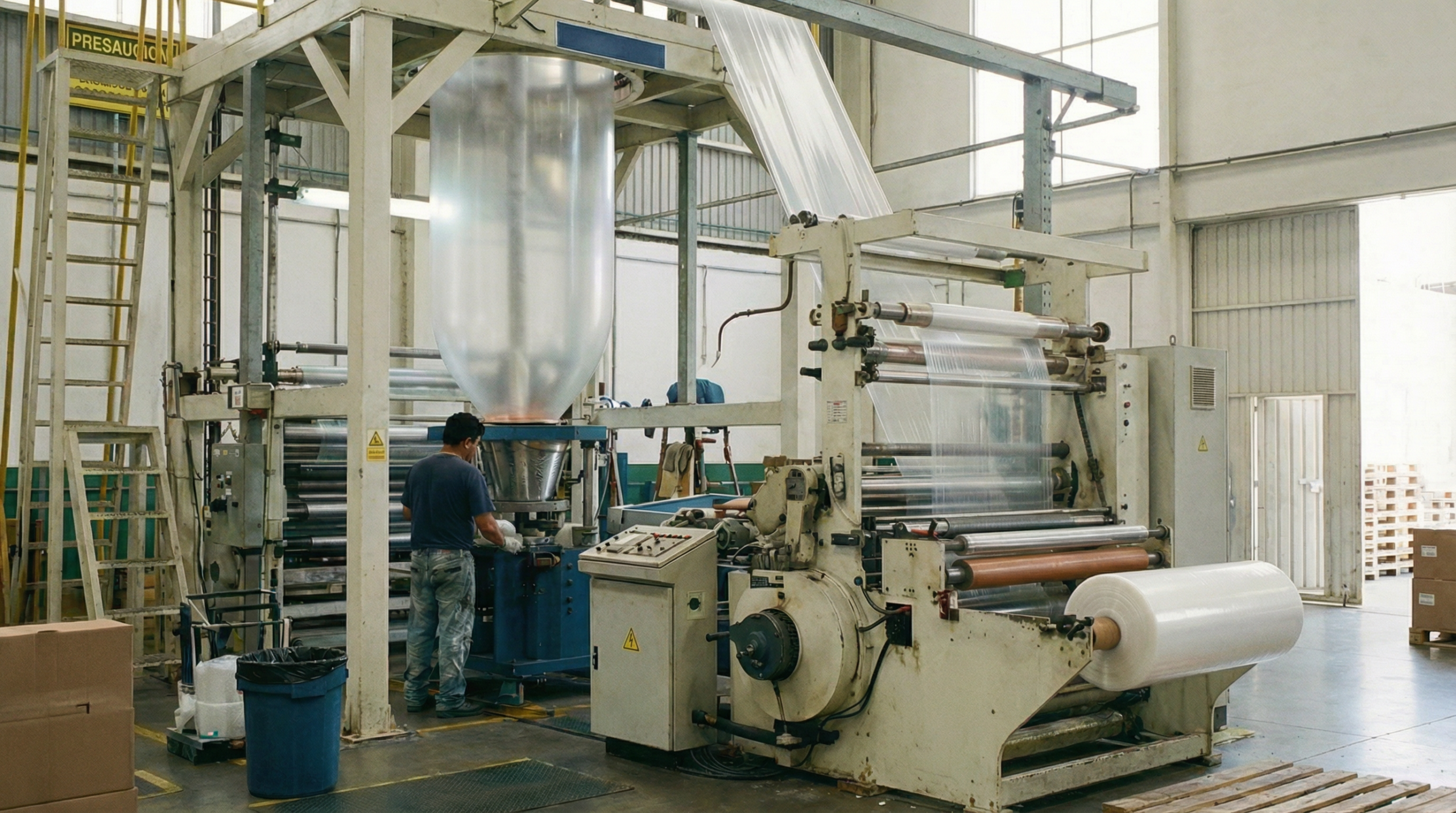 Trabajador operando maquina de producción de polietileno en Plastiregio