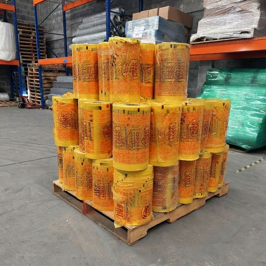 Tarima con rollos de empaque impreso en una bodega